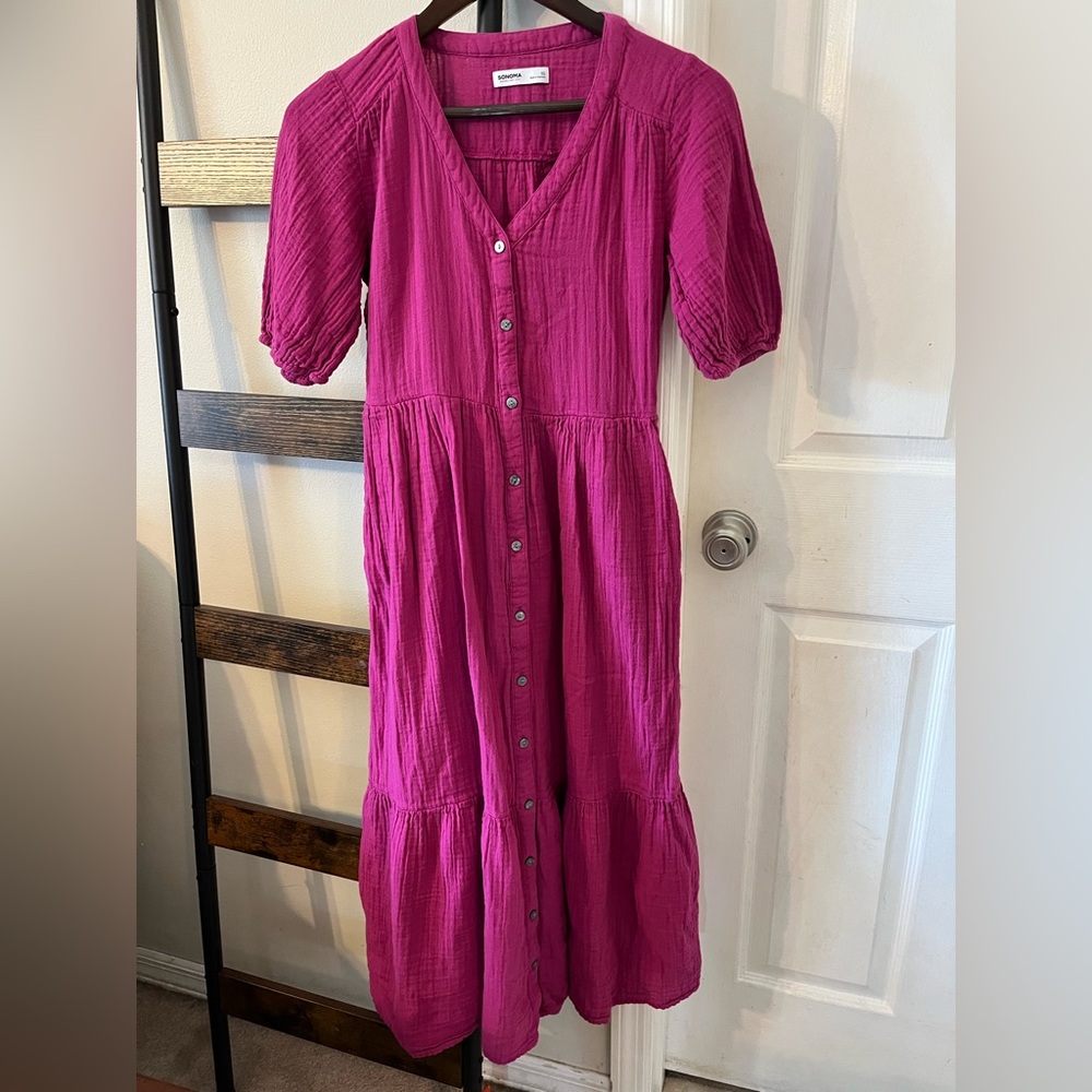 Sonoma Fuchsia Long Sleeve Button Dress